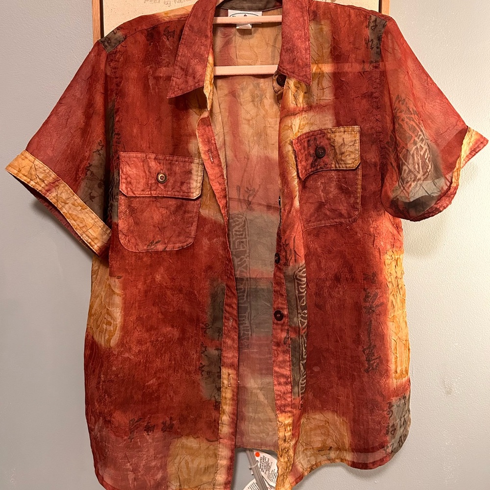 Sheer red tone button up shirt